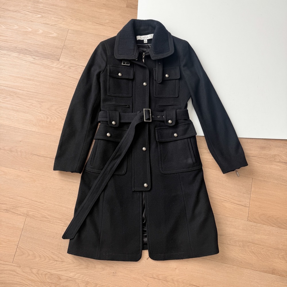 Y2K Laundry by Shelli Segal Black Wool Cargo Trench Coat Belted Jacket Size 10